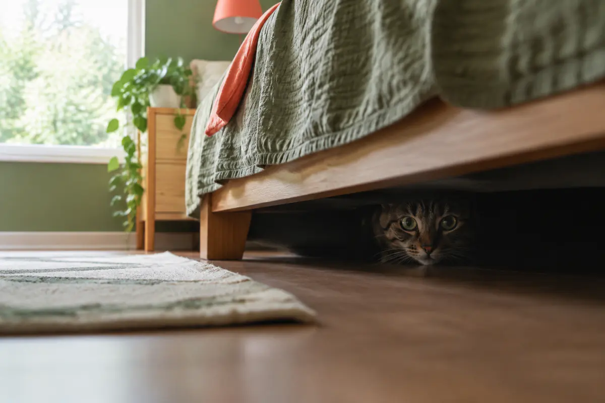 Gato escondido embaixo da cama com apenas o rosto aparecendo