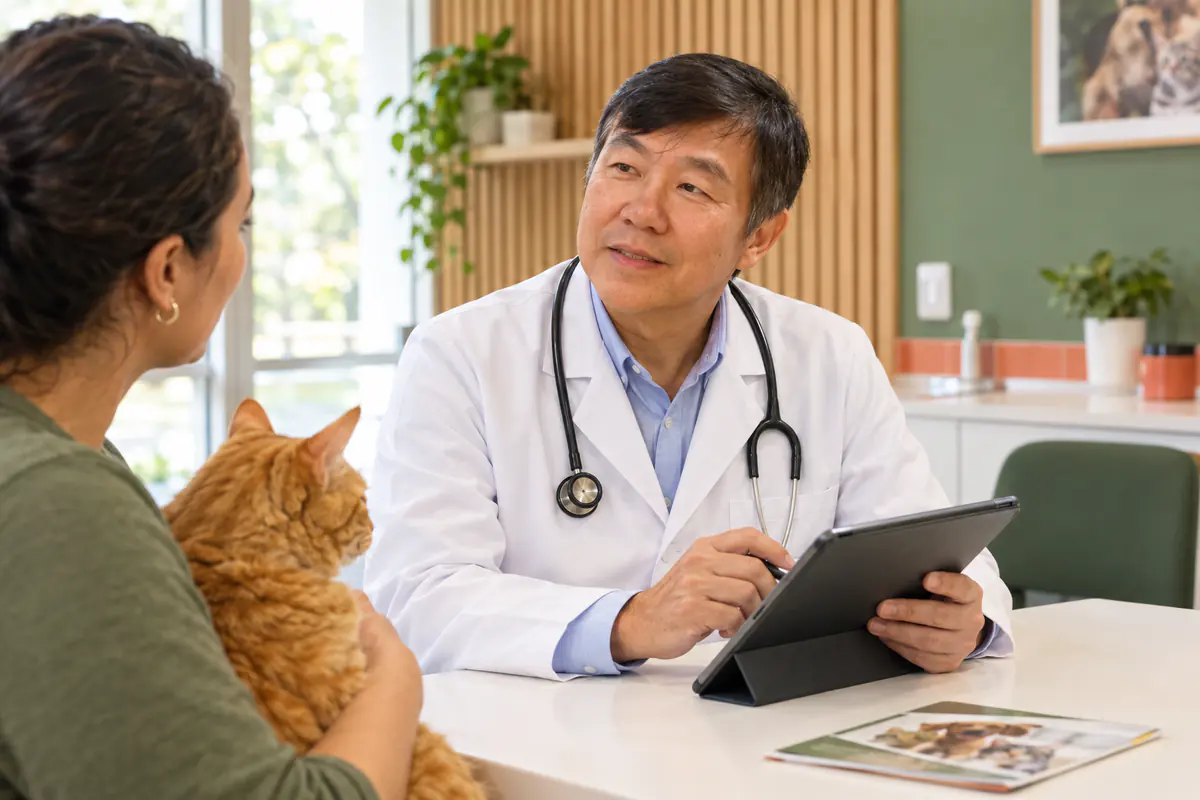 Tutora com um gato no colo conversando com o Dr. Franklin Kasama, que anota em um tablet