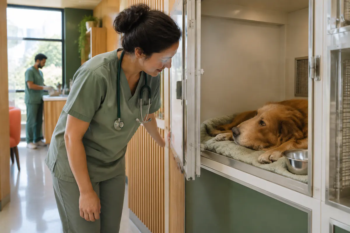 Cachorro descansando em um canil de recuperação enquanto a enfermeira observa