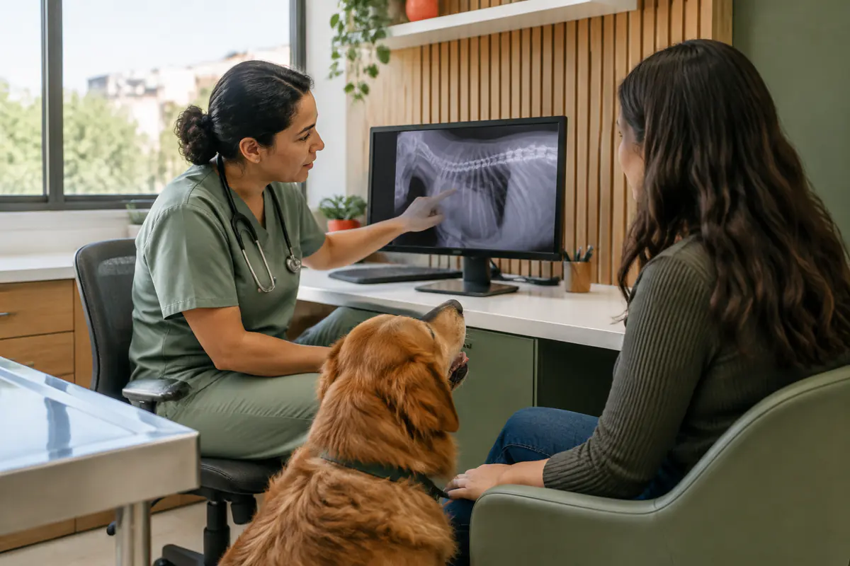 Veterinária mostrando um raio-X ao tutor enquanto o cachorro observa