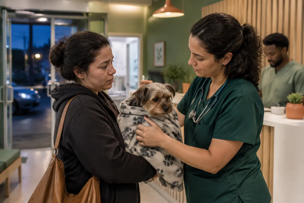 Tutora chegando à noite com o cachorro no colo e sendo recebida pela veterinária