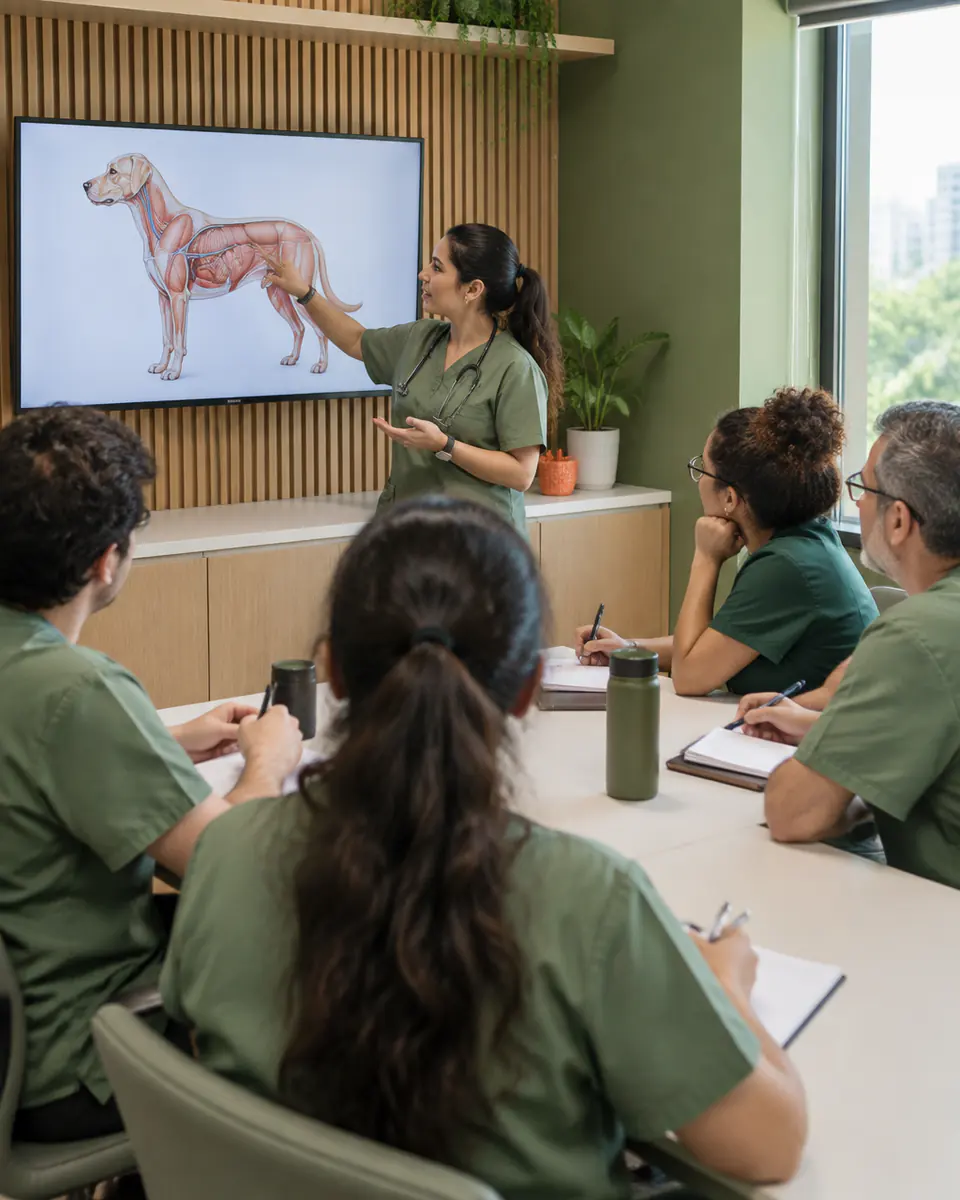 Turma de profissionais em uma aula sobre anatomia veterinária