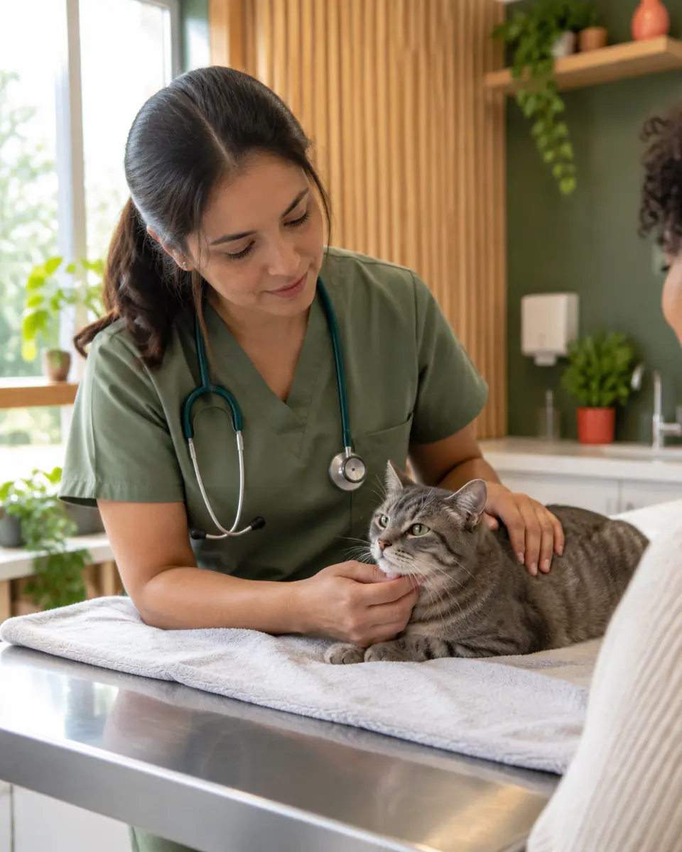 Veterinária examinando com calma um gato tigrado sobre uma toalha