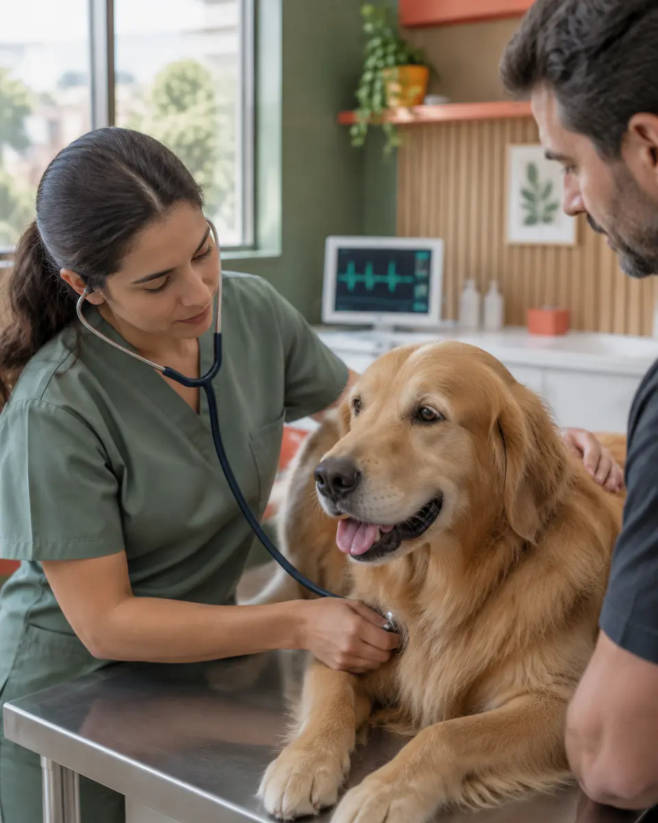 Veterinária auscultando o coração de um golden retriever