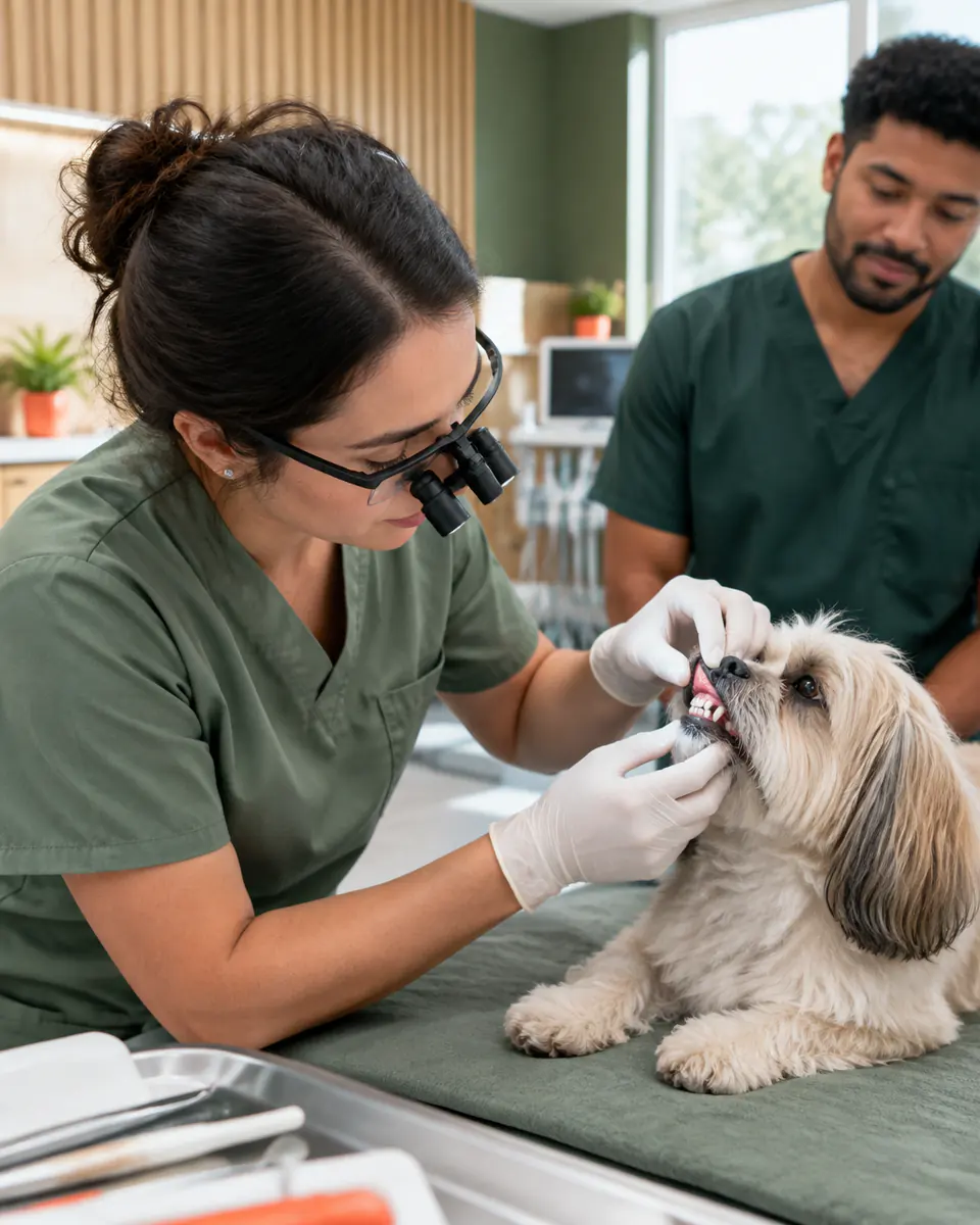 Veterinária examinando os dentes de um cachorro pequeno
