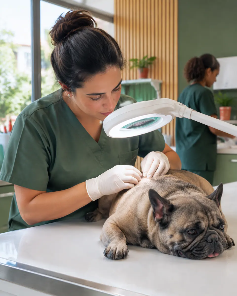 Veterinária examinando a pele de um buldogue francês com lupa