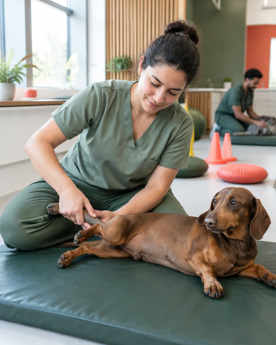 Fisioterapeuta fazendo exercícios na pata de um dachshund