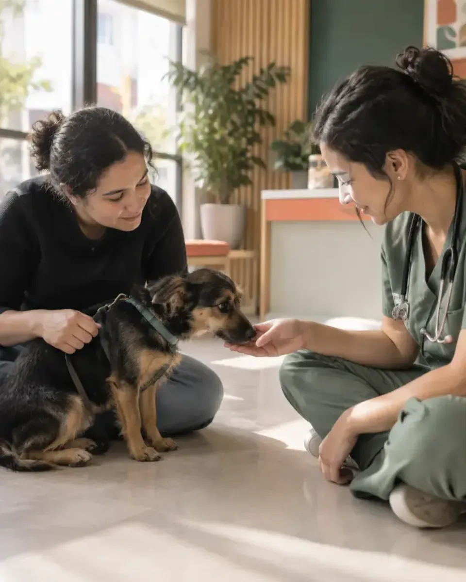 Veterinária acolhendo um pet com carinho durante o atendimento