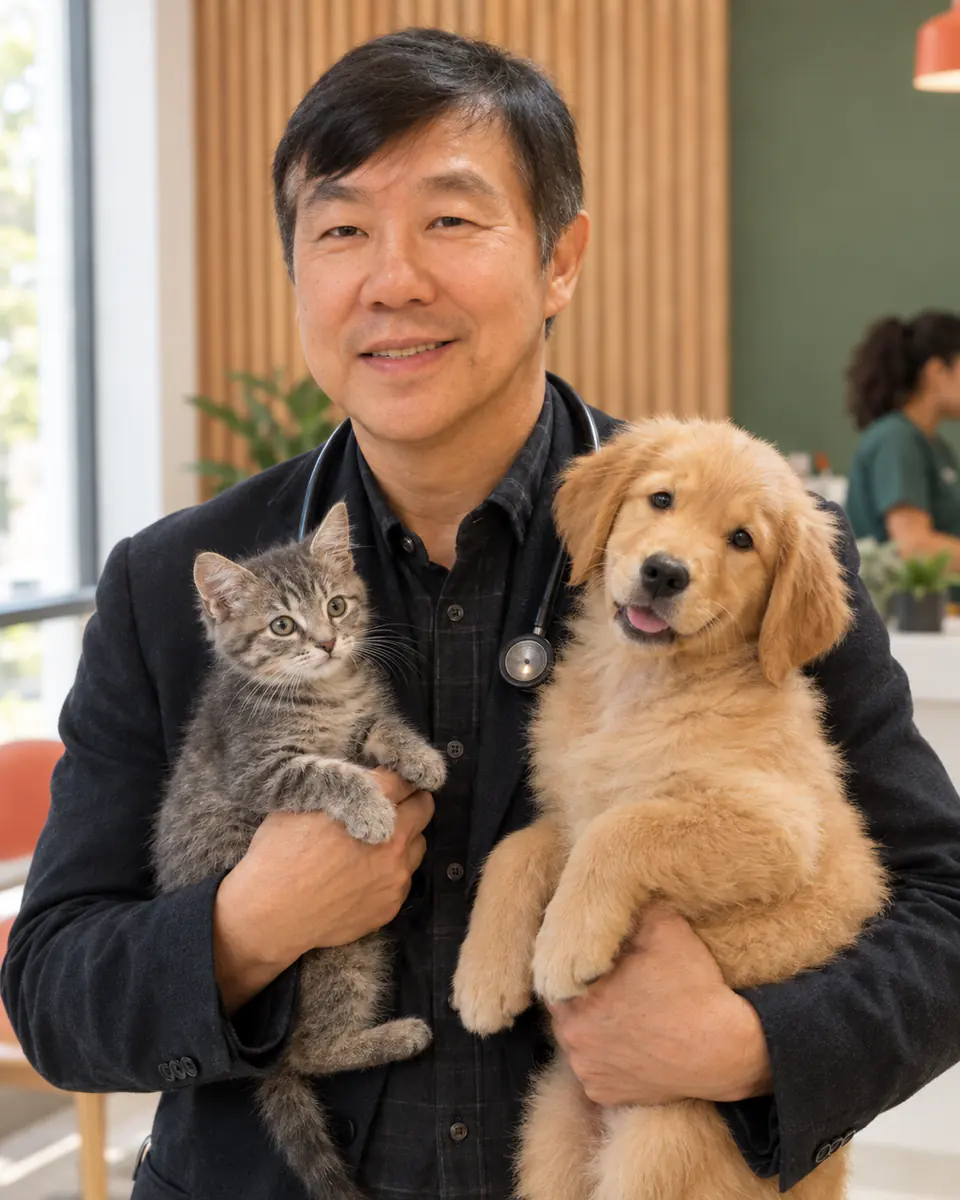 Dr. Franklin Kasama, médico-veterinário e proprietário do HVGV, segurando um filhote de gato e um filhote de cachorro no hospital