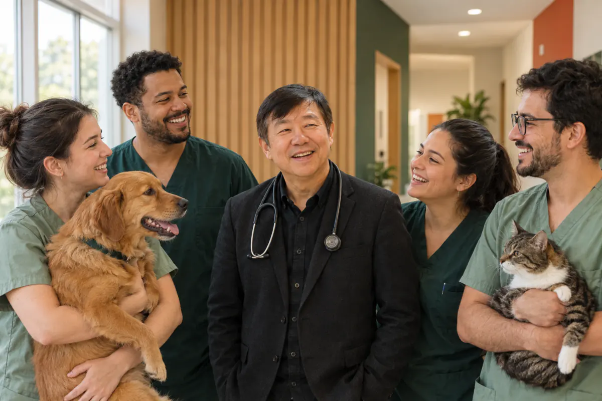Equipe do hospital reunida com o Dr. Franklin Kasama, um cachorro e um gato